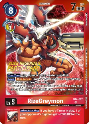RizeGreymon (2023 Regionals Participant) (BT4-017) - Great Legend Foil
